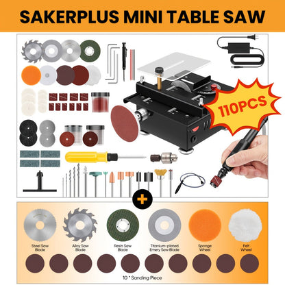 100W Electric Mini Table Saw with Woodworking Pen Set, 7-Speed & Angle Adjustable, 16mm Max Cutting Depth