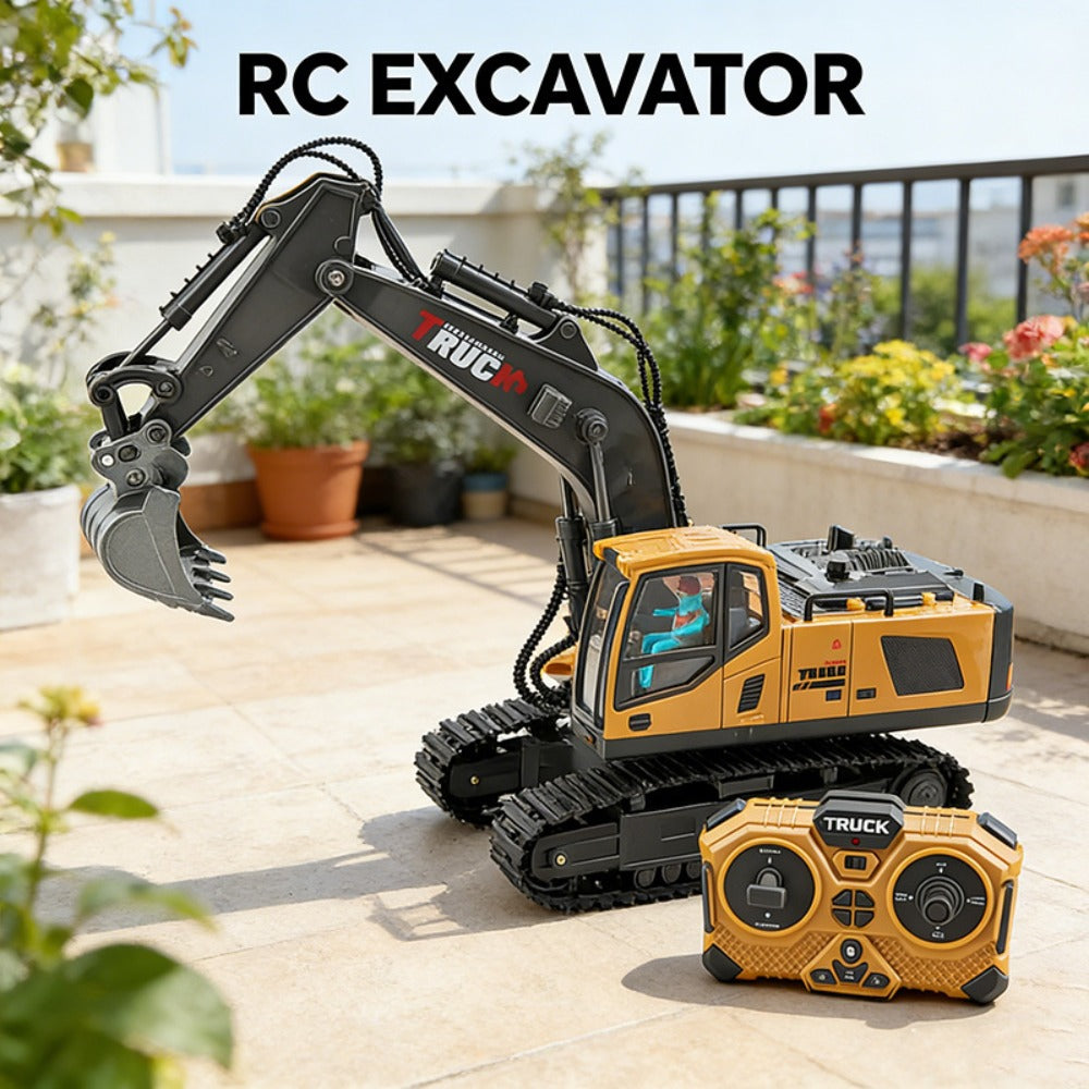 RC Excavator Toy 1:24 Scale 2.4GHz 9-Channel Remote Control with Alloy Metal Cap Lights & Sound Rechargeable Battery