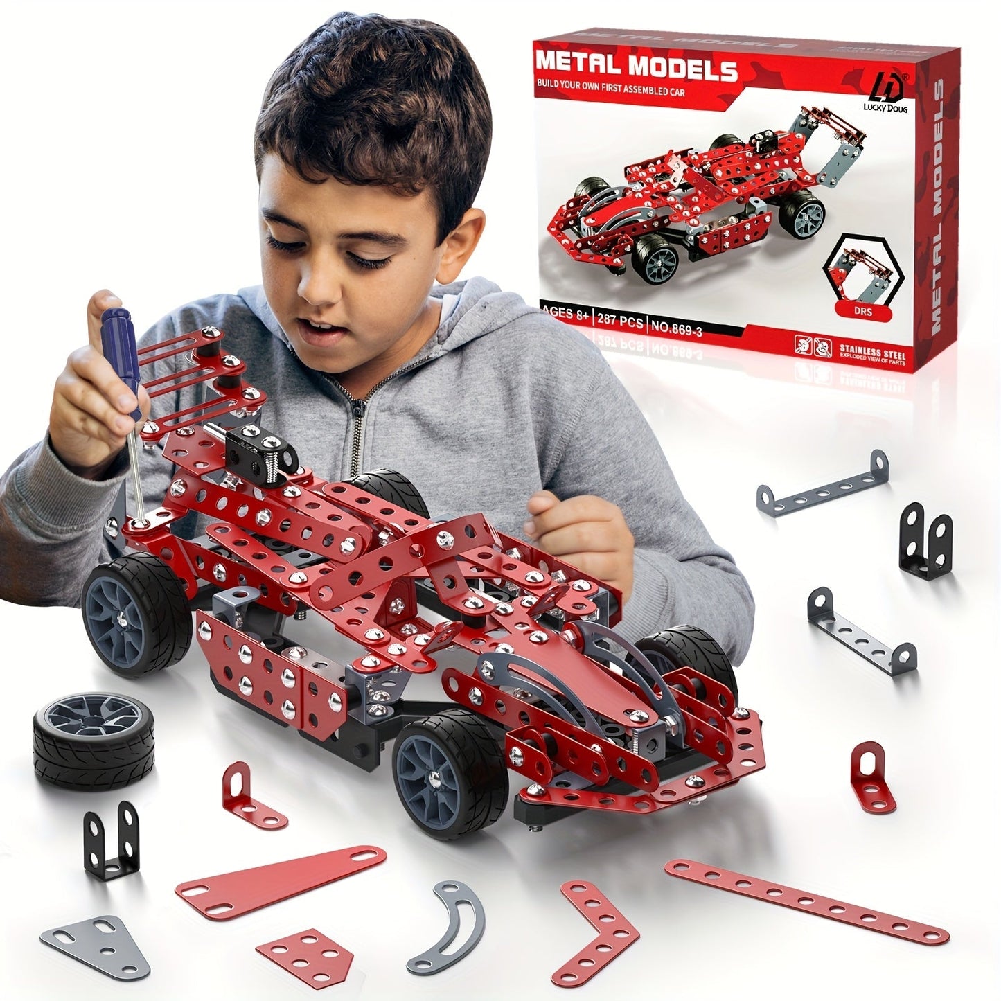 STEM Building Kit Model Car 283-287 Pcs Motorized Assembly Vehicle Toy with Tires & Openable Hood