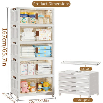 Stackable Foldable Storage Cabinet with Door, PP Plastic 1/2/3/4/5 Layer Organizer Box with Wheels & Cover