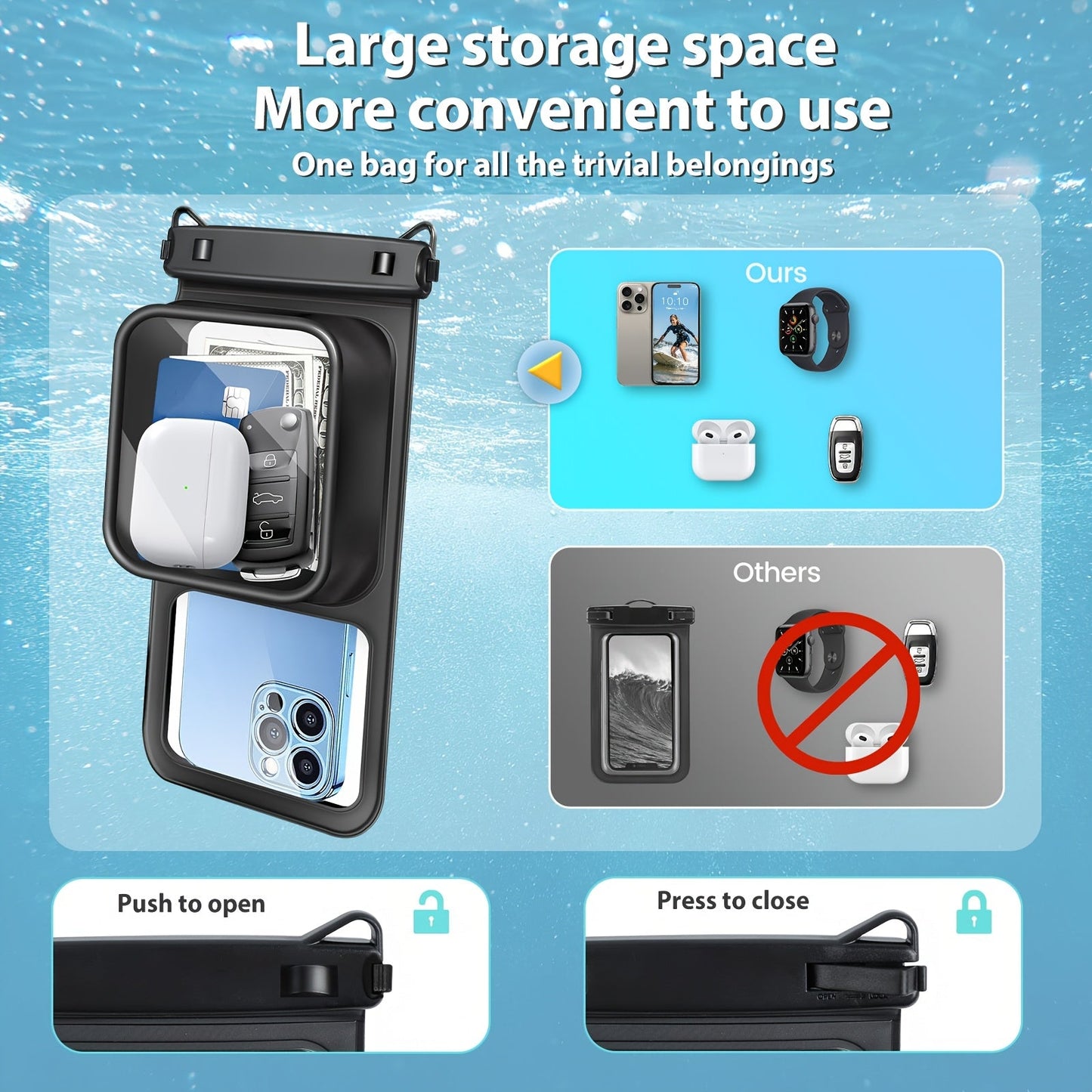 Waterproof Phone Pouch 2-Pack Double Layer Black & Cyan – PVC Dry Bag for Swimming, Rafting & Water Sports, Fits Up to 7.5"