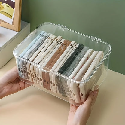 Clear Lidded Phone Case Storage Box, 10.2 x 7.9 x 5.1-Inch Desktop Organizer for Accessories