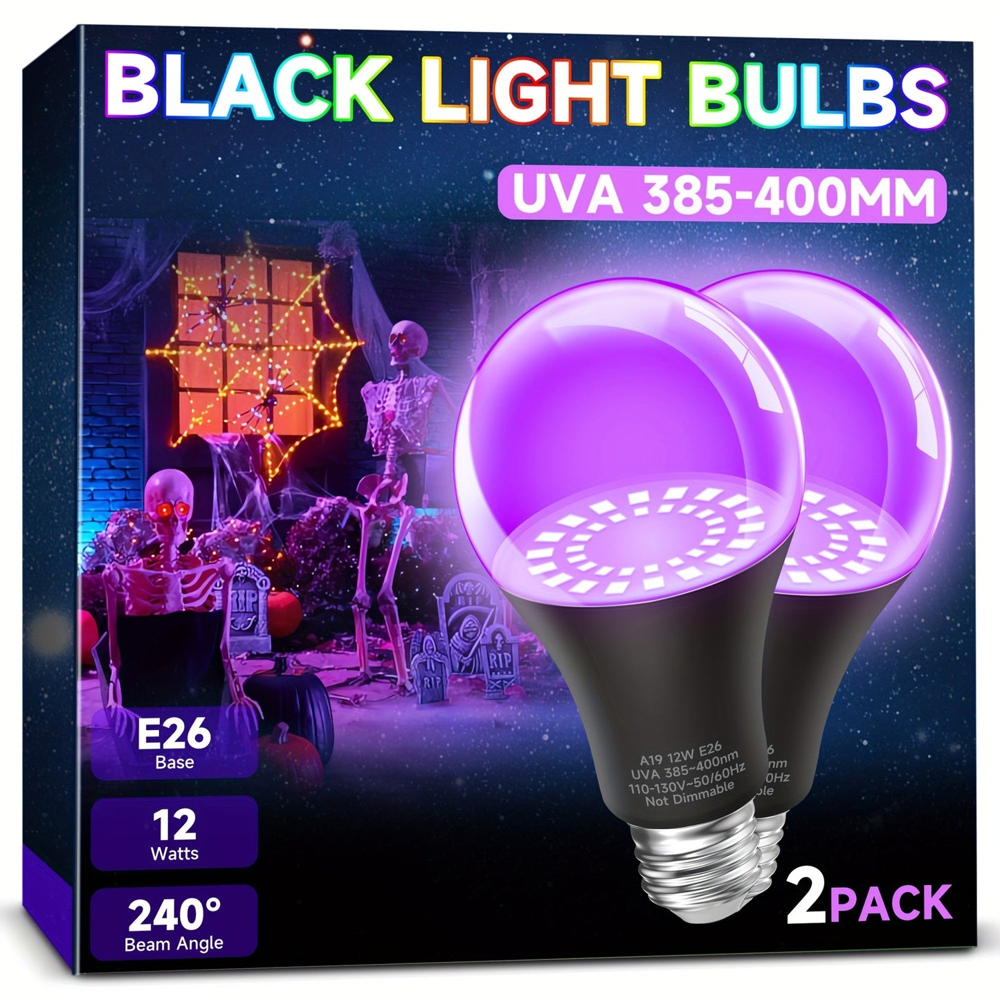 UV Black Light Bulbs 12W LED UVA 385-400nm - Glow in the Dark Party Blacklight Bulb for Halloween