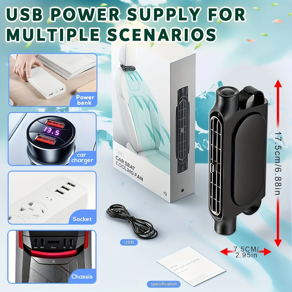 Bladeless Car USB Fan – 3-Speed Silent Cooling, Fits All Vehicles, Car Seat Fan with USB Charging Cable, Black & White