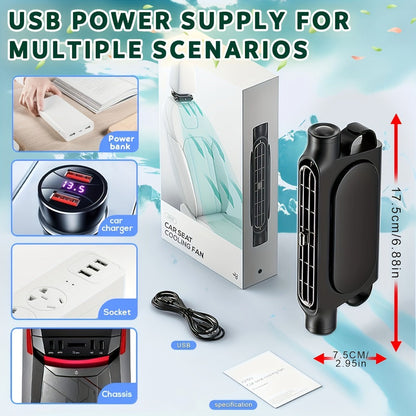 Bladeless Car USB Fan – 3-Speed Silent Cooling, Fits All Vehicles, Car Seat Fan with USB Charging Cable, Black & White