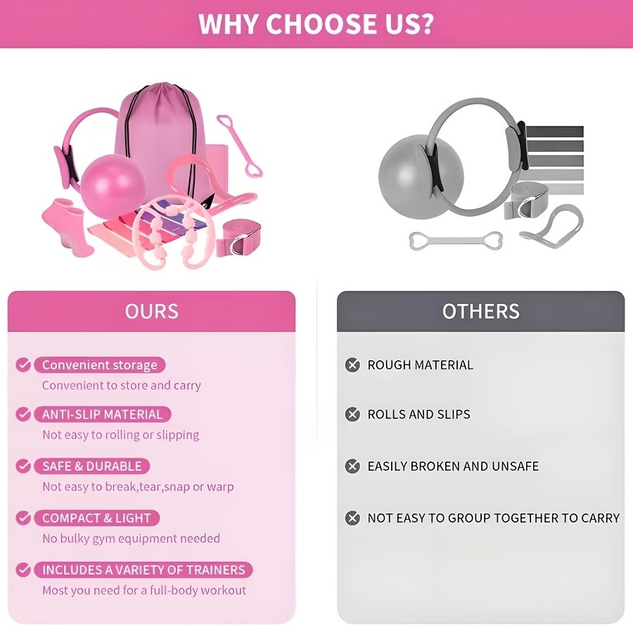 Pink 13-Piece Pilates Ring and Resistance Band Set with Ball, Socks, Straps and Drawstring Bag