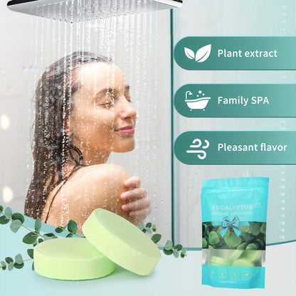 Fourteen Green Eucalyptus-Labeled Shower Steamer Tablets with 30 g Pieces in a Resealable Display Bag