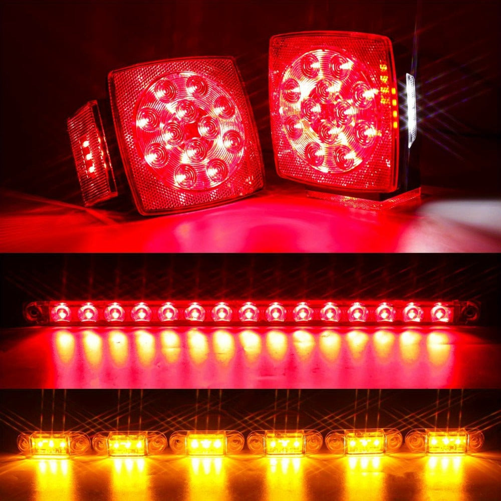 LED Trailer Light Kit with Wire Harness – Tail Lights, Amber Marker Lights & Brake ID Bar, 12V, Fits Boat Trailer Camper Truck Snowmobile