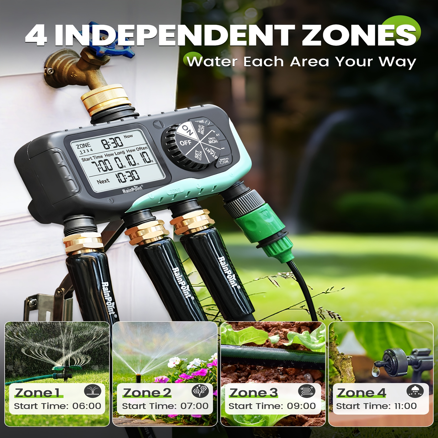 Garden Irrigation System 4-Zone, Automatic Watering Controller with Brass Head, Manual & Rain Delay Modes
