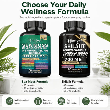 Sea Moss and Shilajit Capsule Supplements in 60-Count Bottles with One- to Six-Bottle Options