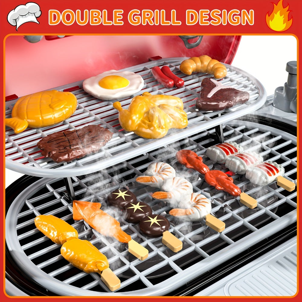 Kids BBQ Grill Playset Two-Tier with Toy Food Meats Fruits Spices & Working Water Tap for Grilling, Camping and Outdoor Meals