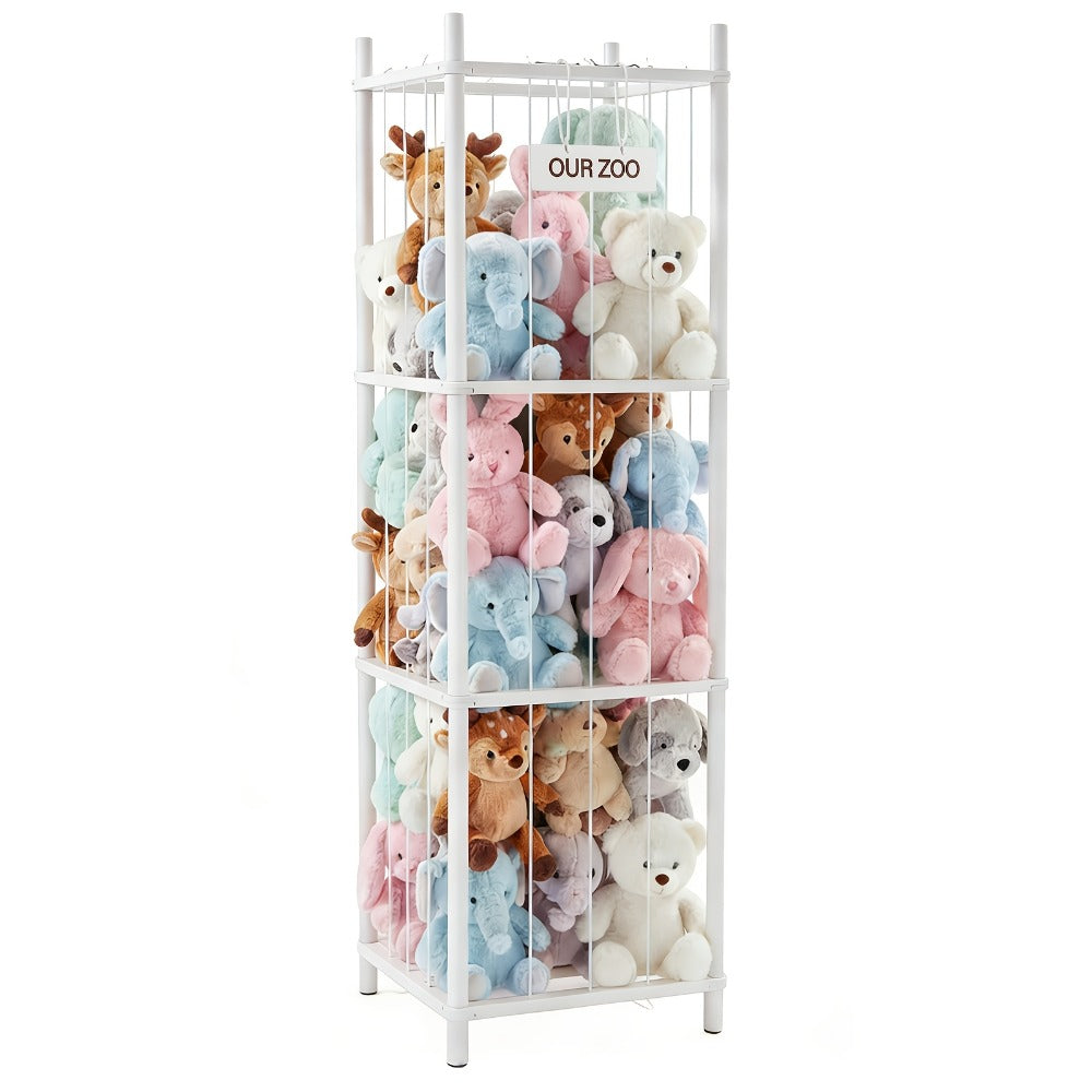 Four-Tier Stuffed Animal Storage Organizer with Rectangular Open Frame in Natural, White or Pink