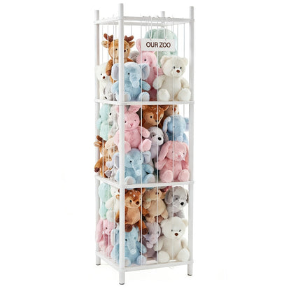 Four-Tier Stuffed Animal Storage Organizer with Rectangular Open Frame in Natural, White or Pink