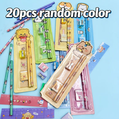 20-Piece Cartoon Pencil Stationery Set with Ruler Eraser Sharpener, Random Cartoon Styles, Kids School Supplies, Party Favor Prizes