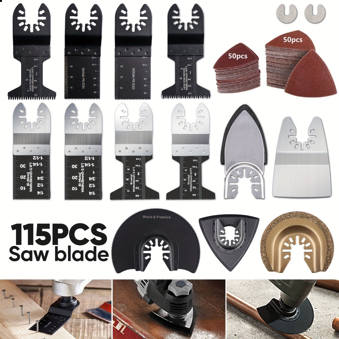 115pcs Oscillating Saw Blades Set with Sandpaper, Multitool Blades for Wood Metal Plastic, Universal Fit for Major Brands