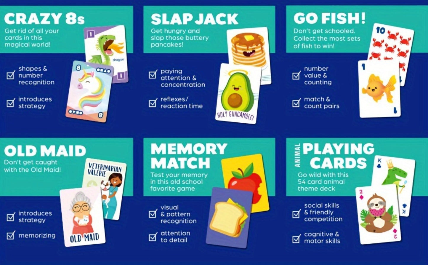 Kids Card Games 6 in 1 Set with 6 Decks Go Fish Old Maid Crazy Eights Memory with the Listed Color, Size or Set Options for Everyday Use