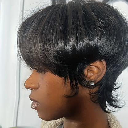 Pixie Cut Wig Human Hair with Bangs Glueless Short Brazilian Layered Machine Made Throw-On-and-Go Hairpiece Natural Black 1B Medium Brown #4