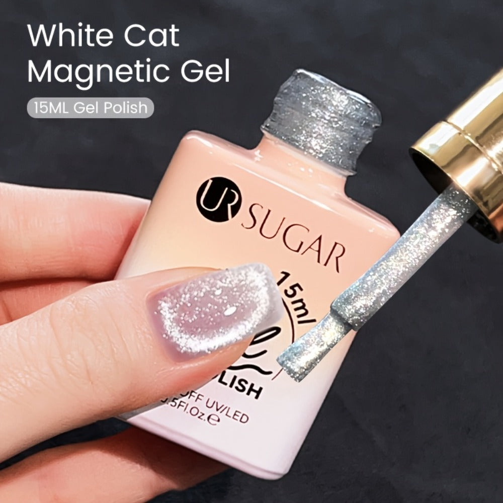 White Glitter Cat Eye Gel Polish Set 2pc Sparkling Magnetic with Stick Included | Soak Off UV LED 0.51oz Each Semi-Permanent 3D Nail Art |