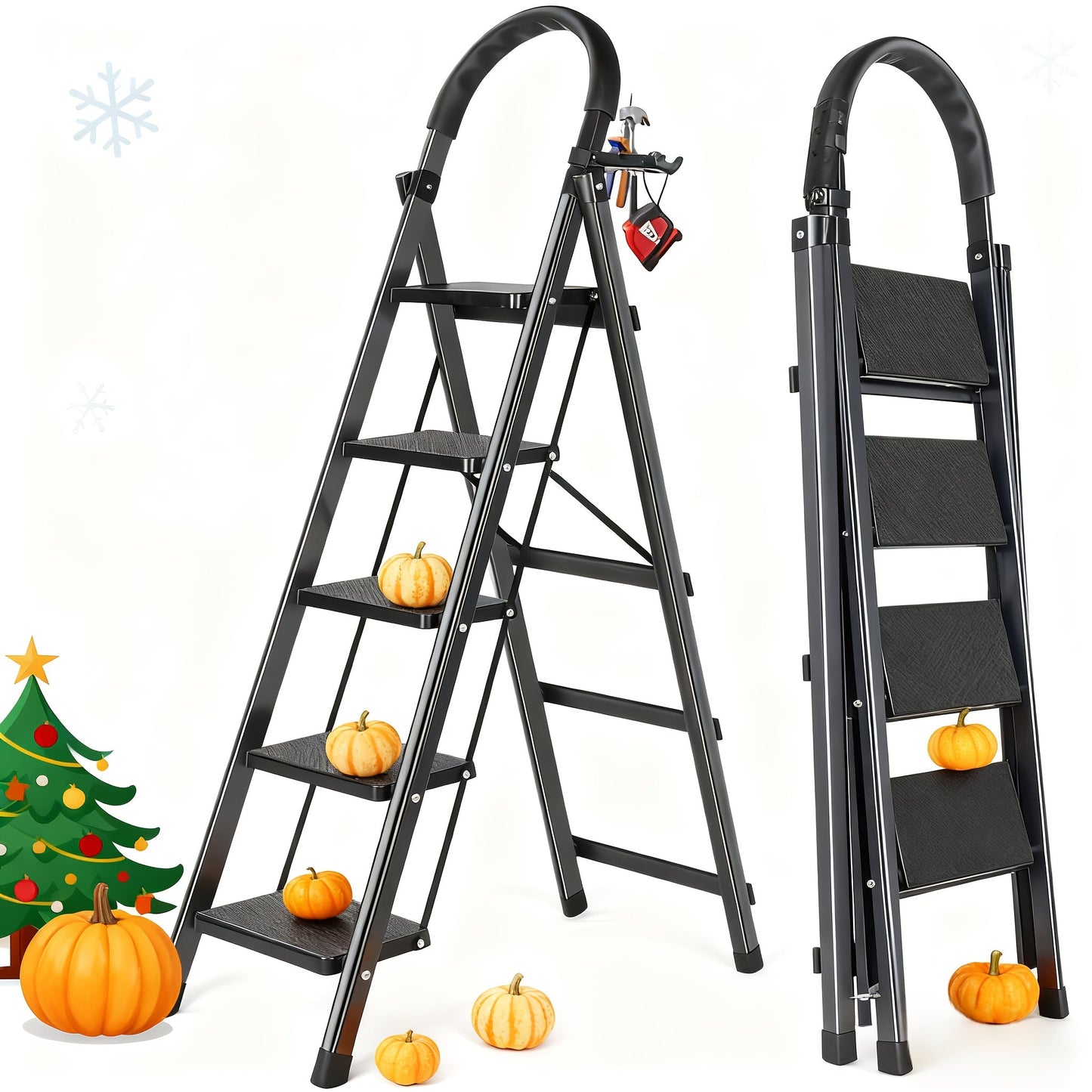 Folding Step Ladder 3 / 4 / 5 Step with Anti-Slip Pedal & Tool Tray, Portable Steel Step Stool for Adults