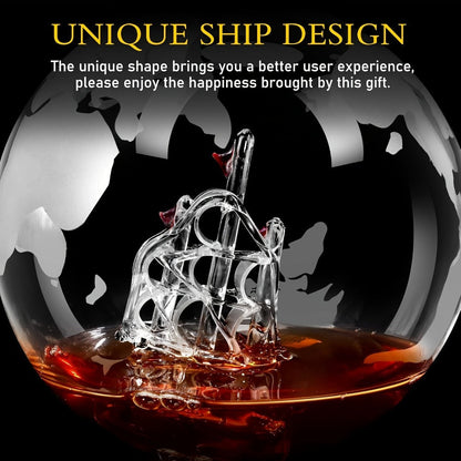 Whiskey Decanter Set with Glasses and Wooden Stand Ball Globe 28oz or Sailboat 44oz Etched for Home Cooking, Dining and Outdoor Meals