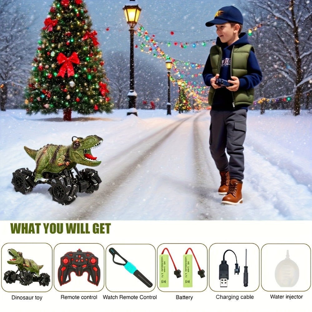 Remote Control Car, Dinosaur Monster Truck with Side Drift, LED Lights, Sound and Spray or No-Spray Options
