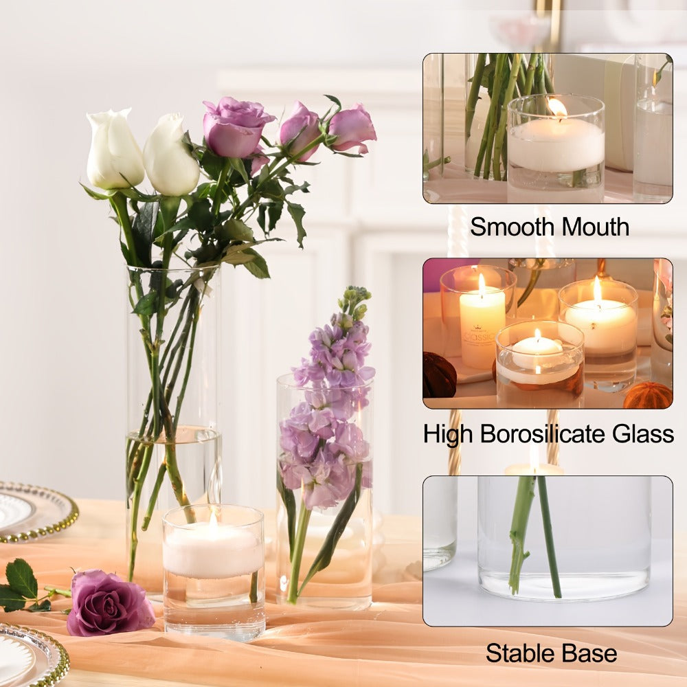 Clear Glass Cylinder Vases 24pcs Bulk Set – 4, 8, 12 Inch Tall Flower Vases for Centerpieces, Hurricane Floating Candle Holder for Wedding