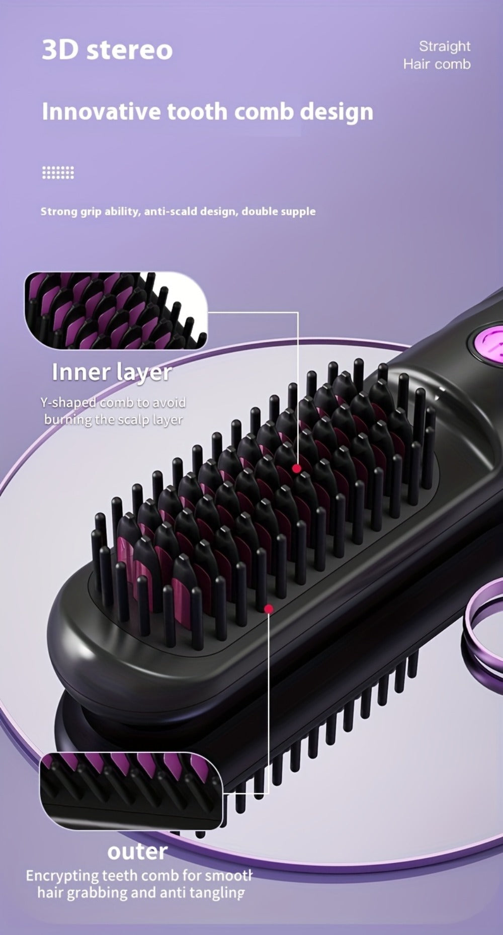 Wireless Hair Straightener Comb - Portable Cordless Straightening Brush with 3-Min Fast Heat, 3 Temp Settings 170-190°C