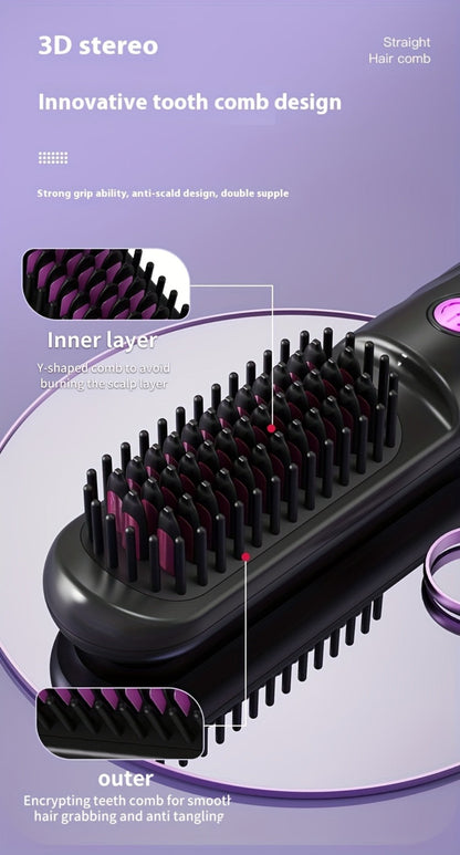 Wireless Hair Straightener Comb - Portable Cordless Straightening Brush with 3-Min Fast Heat, 3 Temp Settings 170-190°C