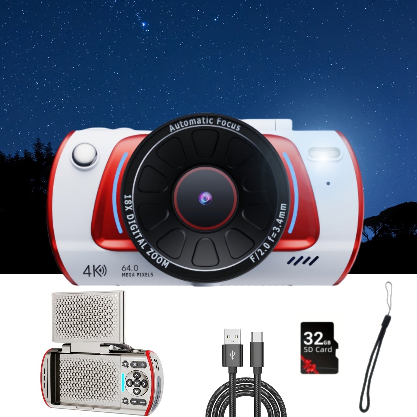 Digital Camera with Flip Screen, 4K Vlogging Model with 48MP Capture Marking, WiFi, 3-Inch 180° Flip Screen, 16X Digital Zoom and 32GB Card
