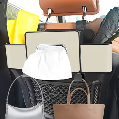 Compact Headrest-Hanging Car Organizer with Two Cup Pockets, Tissue Opening, Hooks and Five Pack Options