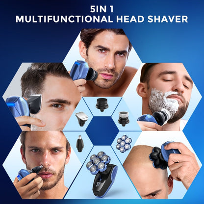 7D Head Shaver Bald Men 5-in-1 Waterproof Wet Dry Electric Razor – Type-C Rechargeable 6500-7500RPM Rotary Grooming Kit with Nose Hair