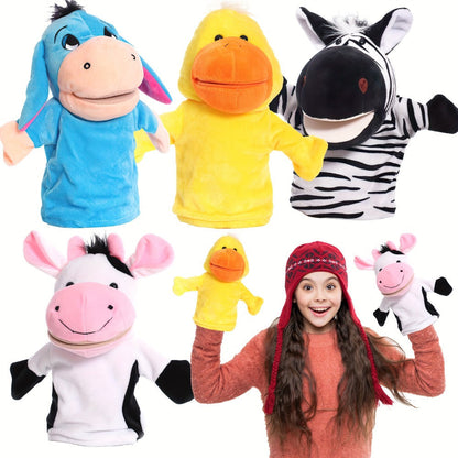 Four-Piece Animal Hand Puppet Set with Blue Donkey, Yellow Duck, Zebra and Pink Cow Designs