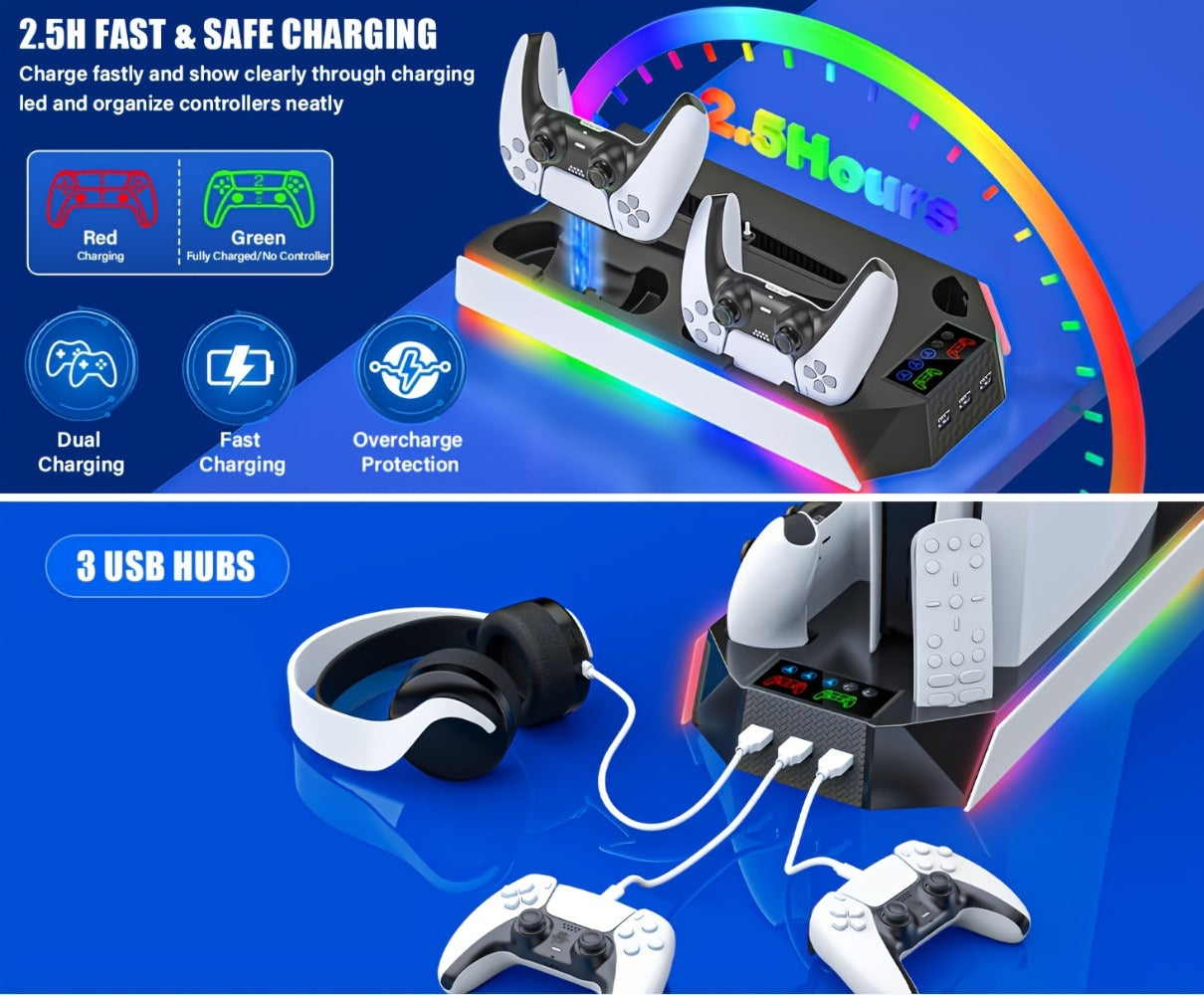 Headset Holder PS5 Cooling Stand with RGB Light, 3-Level Fan, Controller Charger & 3 USB Ports