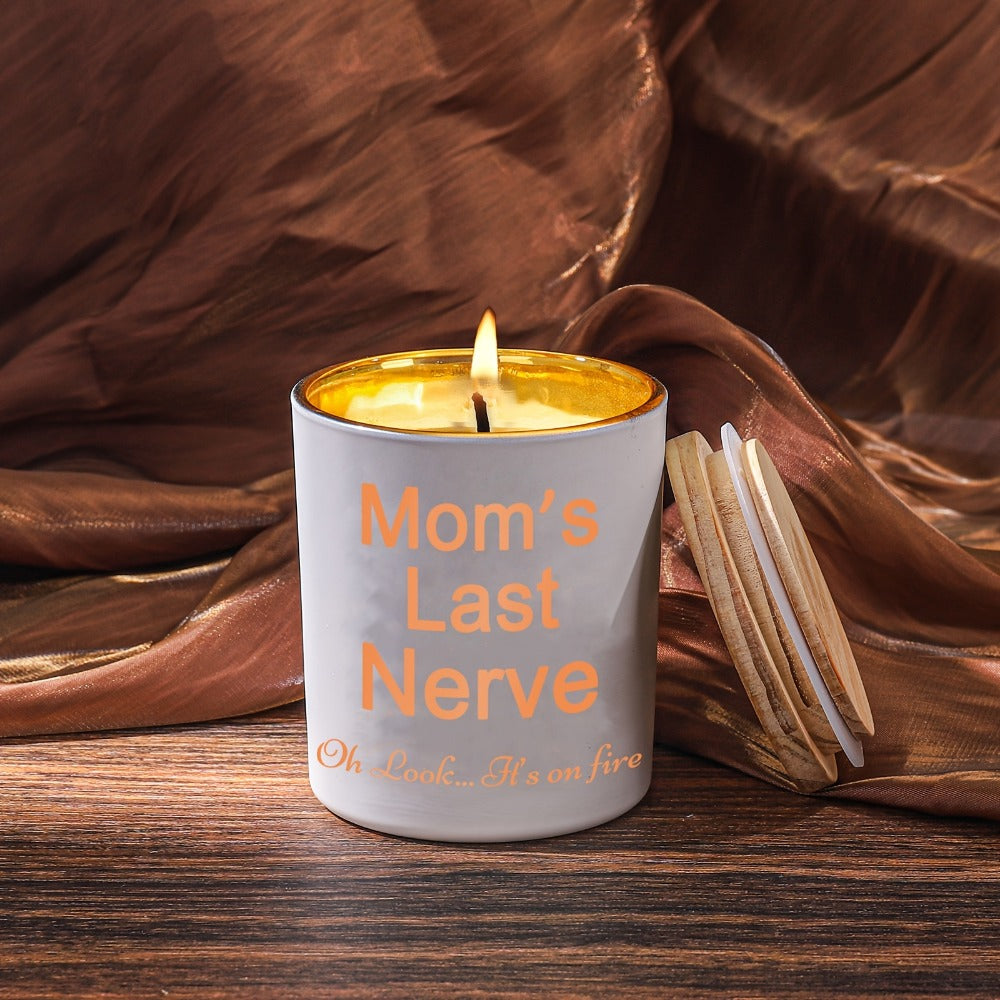 6oz Lavender-Labeled Candle in White Glass Jar with Wood Lid, Single Wick and Mom Message Artwork