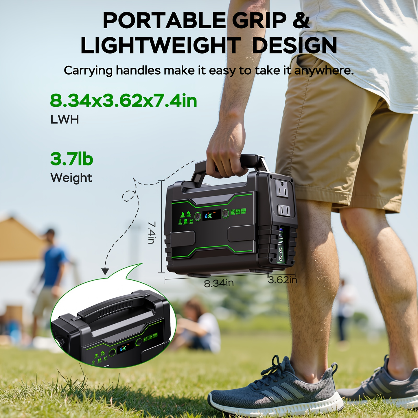 Portable Power Station 155Wh or 222Wh Configurations with AC Outlet, USB Ports, LED Light and Solar Option