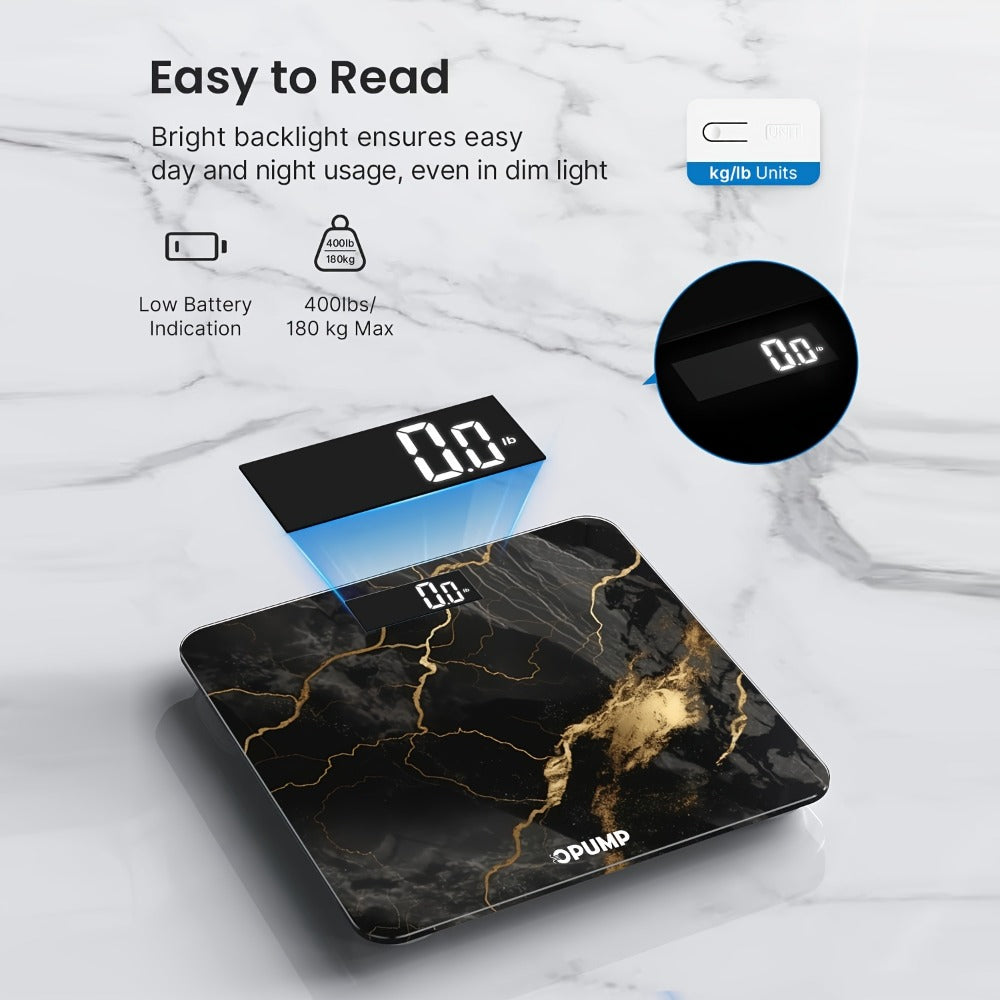 Patterned Digital Bathroom Scale with Top LED Display in Six Marble, Bronze, Black and Blue Styles