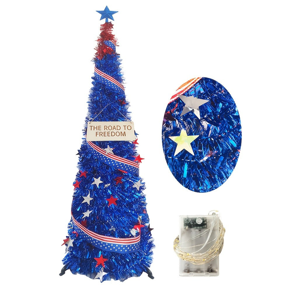 4th of July Decorative Tree 5ft LED Light, Foldable Patriotic Stars & Stripes Blue Christmas Tree with Red White Blue LED String Lights