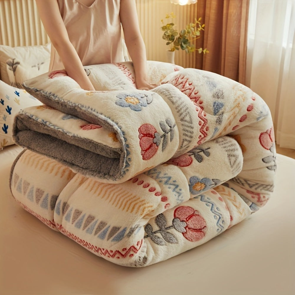 Bohemian Winter Comforter Thick Warm Velvet | Snowflake Floral Geometric Pattern Bedspread for Twin Full Queen
