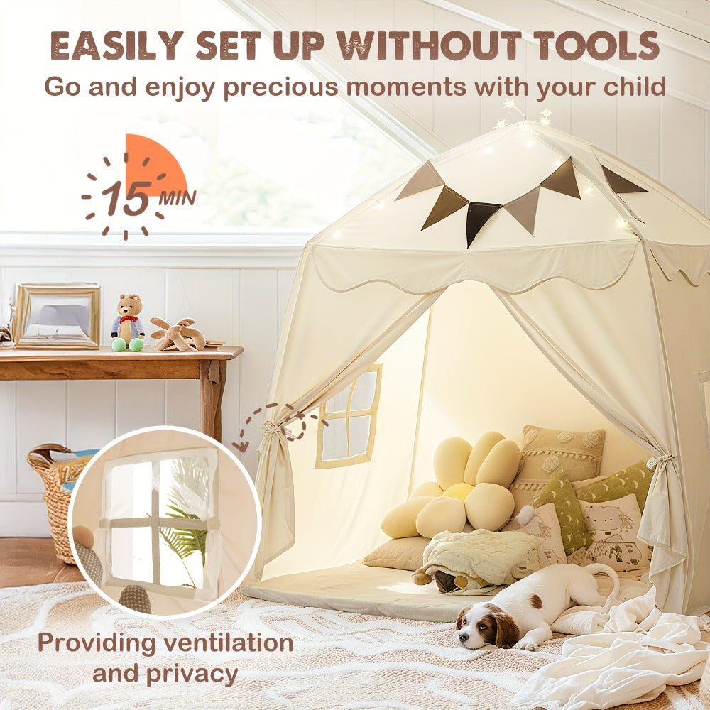 Kids Play Tent with Star Lights & Flags, Extra Large Indoor Outdoor Playhouse with Windows for Reading & Pretend Play