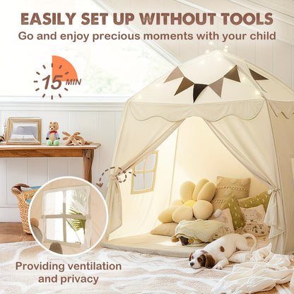Kids Play Tent with Star Lights & Flags, Extra Large Indoor Outdoor Playhouse with Windows for Reading & Pretend Play