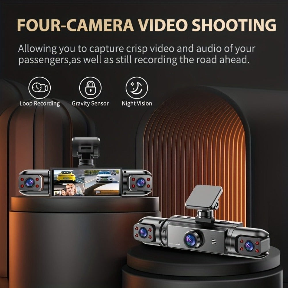 360° 4-Channel Dash Cam 1080P Front + 720P Rear Left Right Full Coverage, WDR Night Vision, G-Sensor, Loop Recording