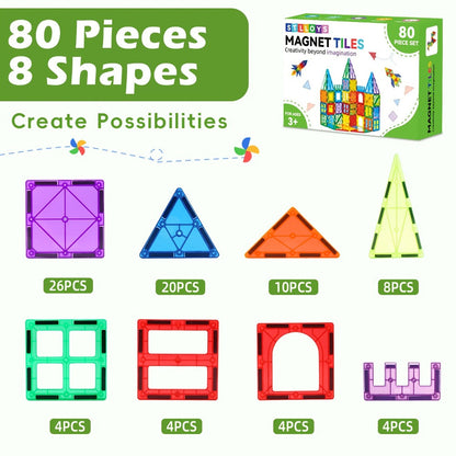 Magnetic Tiles Building Set for Kids 3 4 5 6 7 8 – 80 106 136 205pcs Clear 3D Magnet Building Blocks STEM Educational Toy Child-Safe ABS