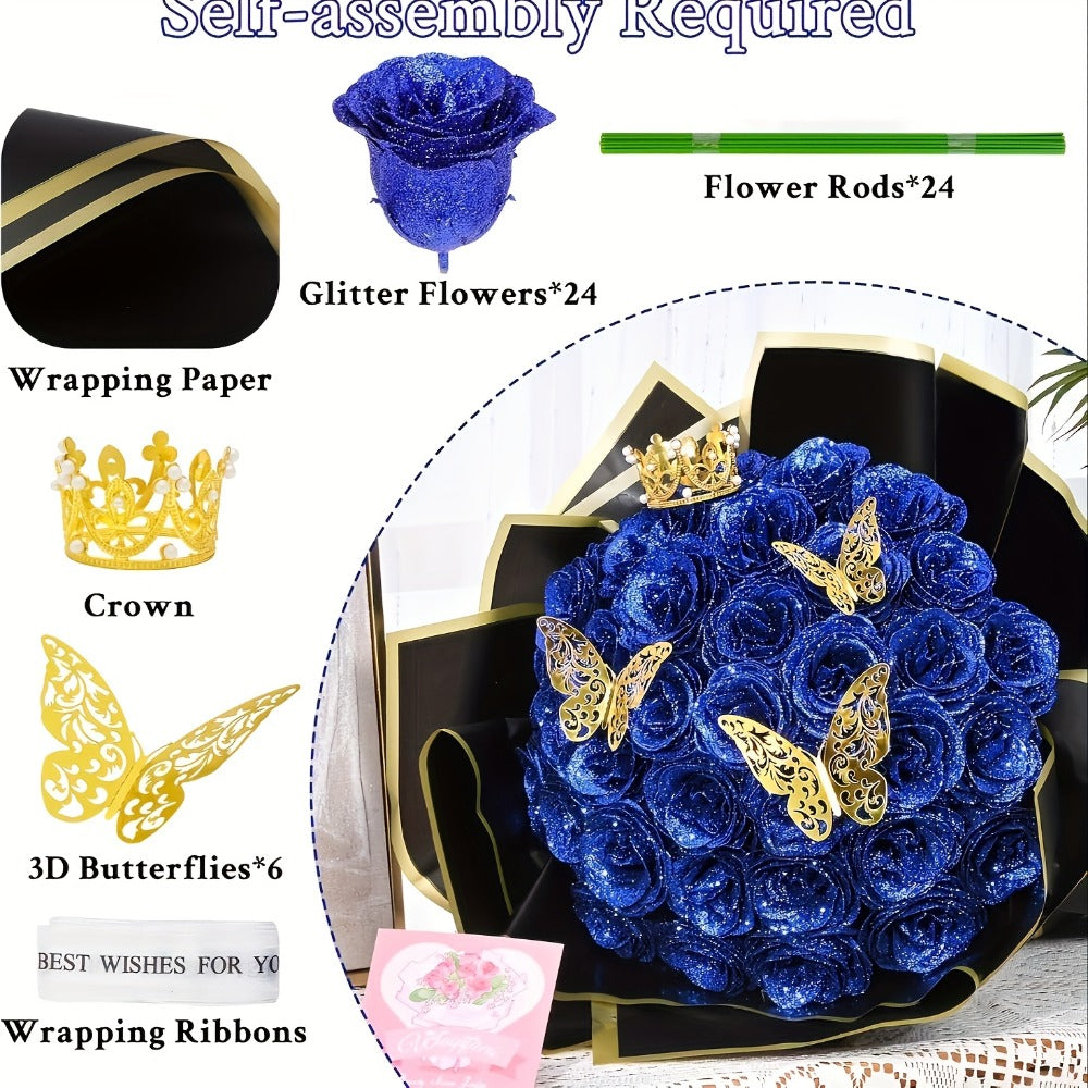 Artificial Rose Bouquet 24 Glitter Roses with 6 Golden Butterflies, Everlasting Shiny Fake Flower Bouquet for Wedding