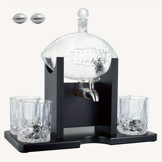 Football Whiskey Decanter Set with 47 oz Spouted Bottle, Two Glasses, Two Football Chillers and Black Display Stand