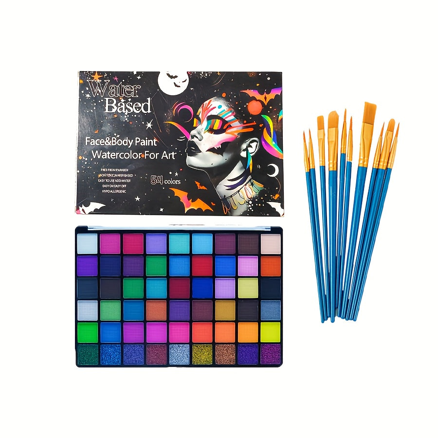 54 Color Face & Body Paint Kit with UV Fluorescent, Matte & Glitter Shades, Pattern Templates, Brushes &