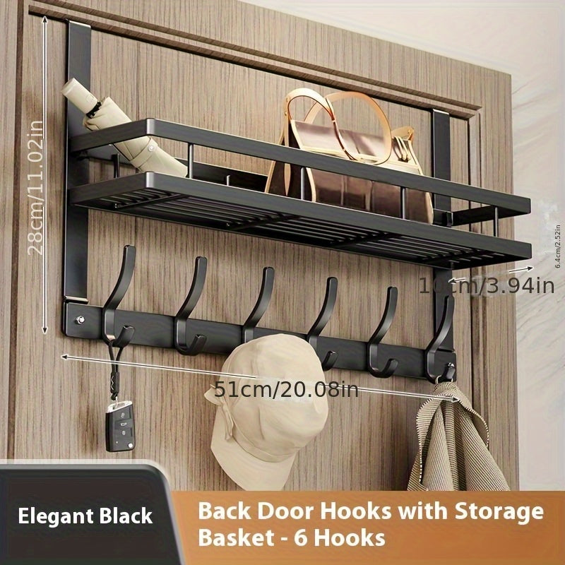 Over-the-Door Storage Rack with Metal Basket Shelf, 4 to 8 Hooks and Gray or Black Length Options