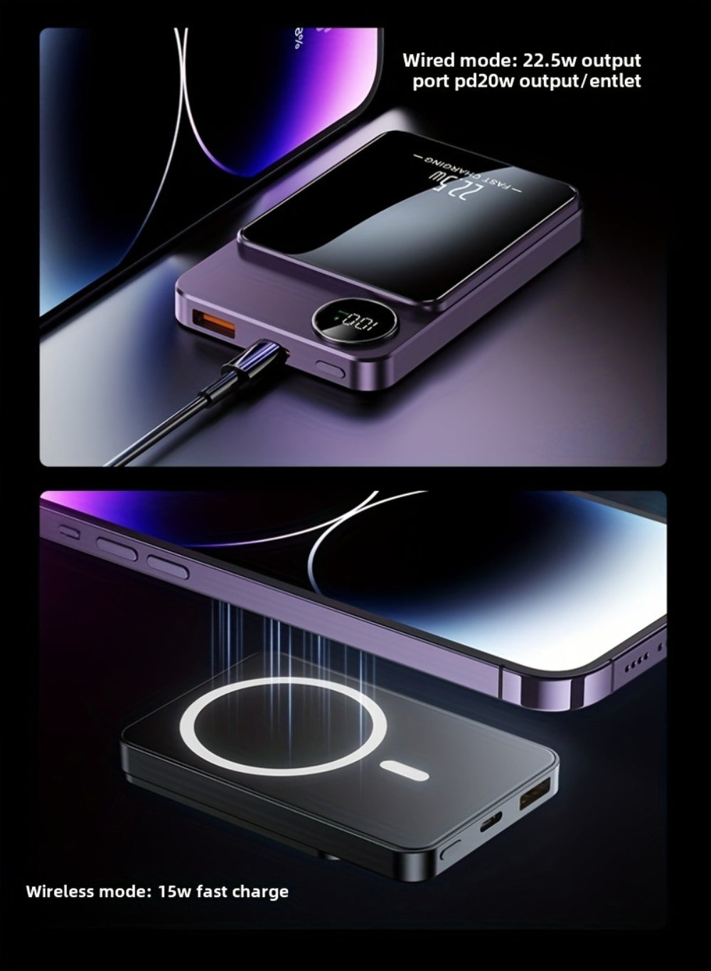 Power Bank Magnetic 5000mAh or 10000mAh with 15W Wireless Charging and LED Indicator in Three Colors