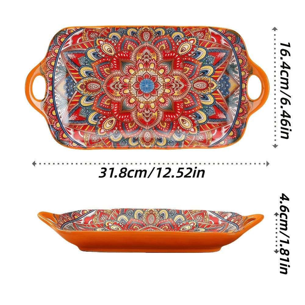 Ceramic Serving Platter Set of 4, Bohemian Rectangular Fish Dish with Double Handles, Baking Tray for Sushi Pasta Desserts Salads Fruits