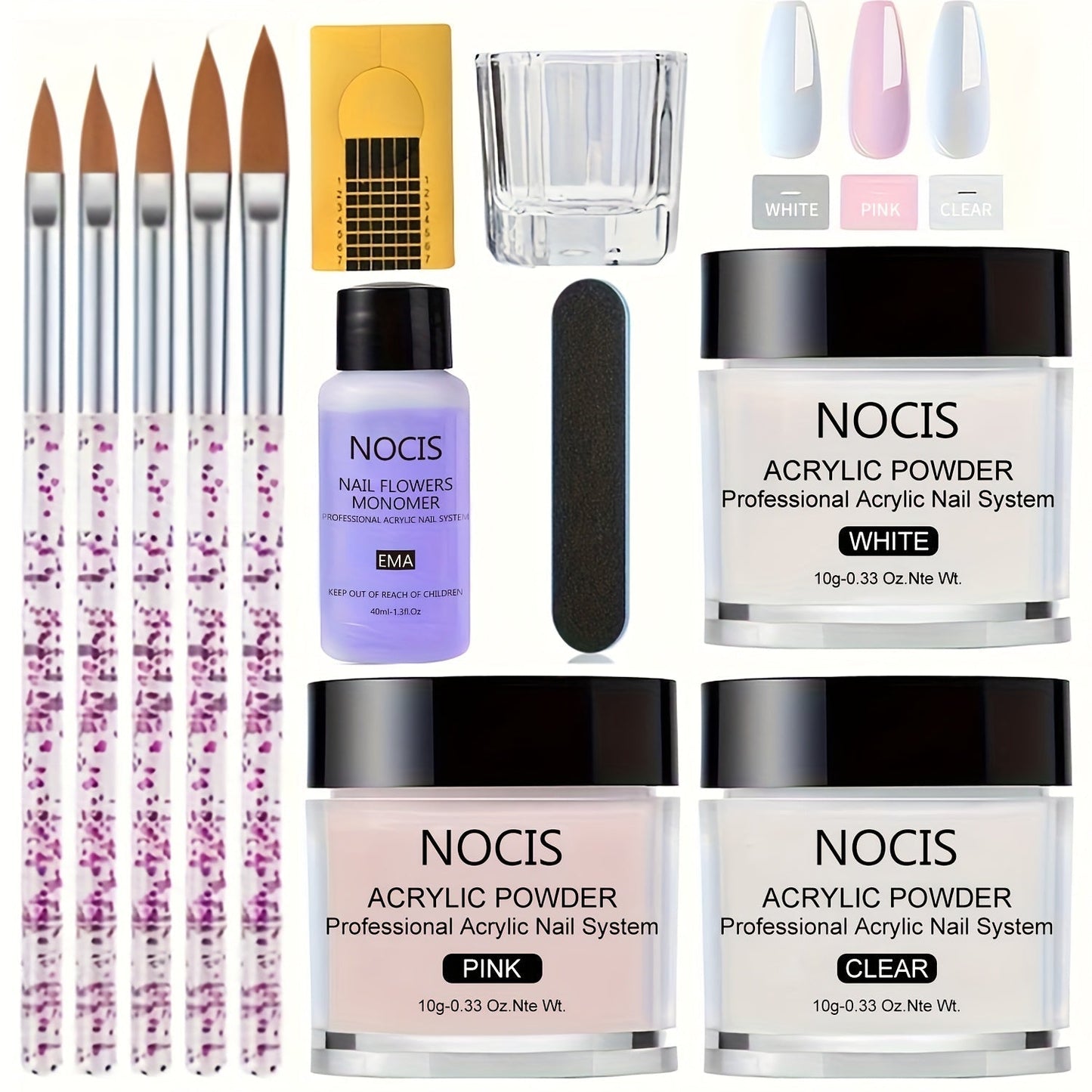 Acrylic Nail Kit NOCIS Clear, Pink and White Powder Set with Liquid Monomer, Five Brushes, File and Mixing Cup