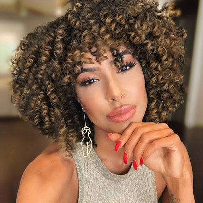 Synthetic Wig 14-Inch Kinky Curly Afro with Bangs, 180% Density and Stretch Net Cap for Daily Style